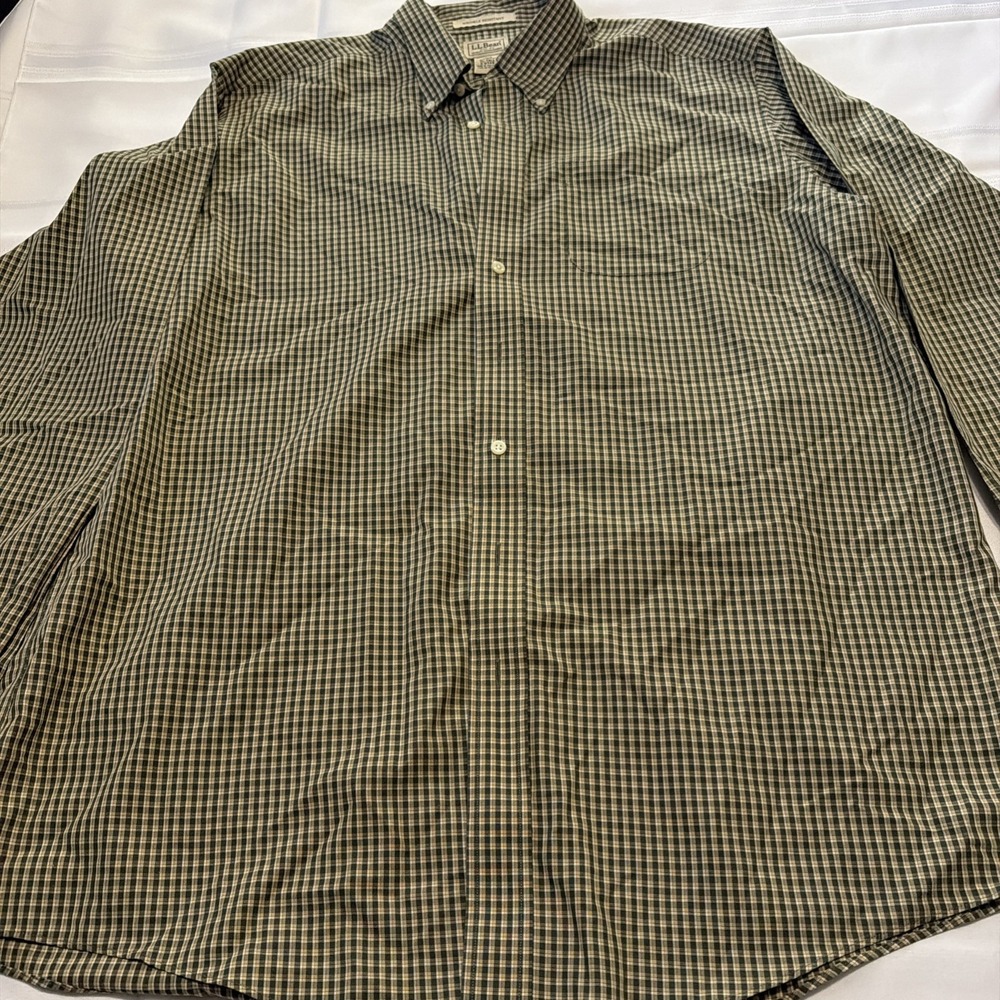 LL Bean Mens XL Tall Green Plaid Button Down Shirt Wrinkle Resistant Long Sleeve